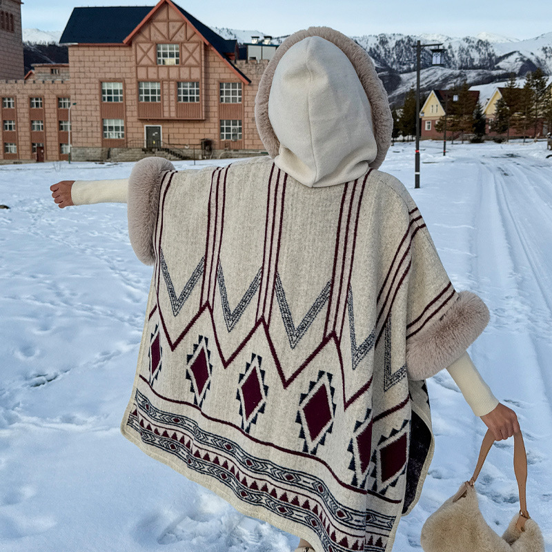 Puloverinė pelerina su stora šilta vilnos apykakle, dryžuotas poliesteris, žiema/ruduo