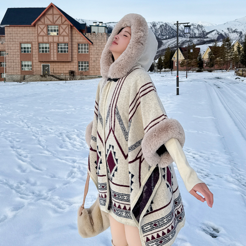 Puloverinė pelerina su stora šilta vilnos apykakle, dryžuotas poliesteris, žiema/ruduo