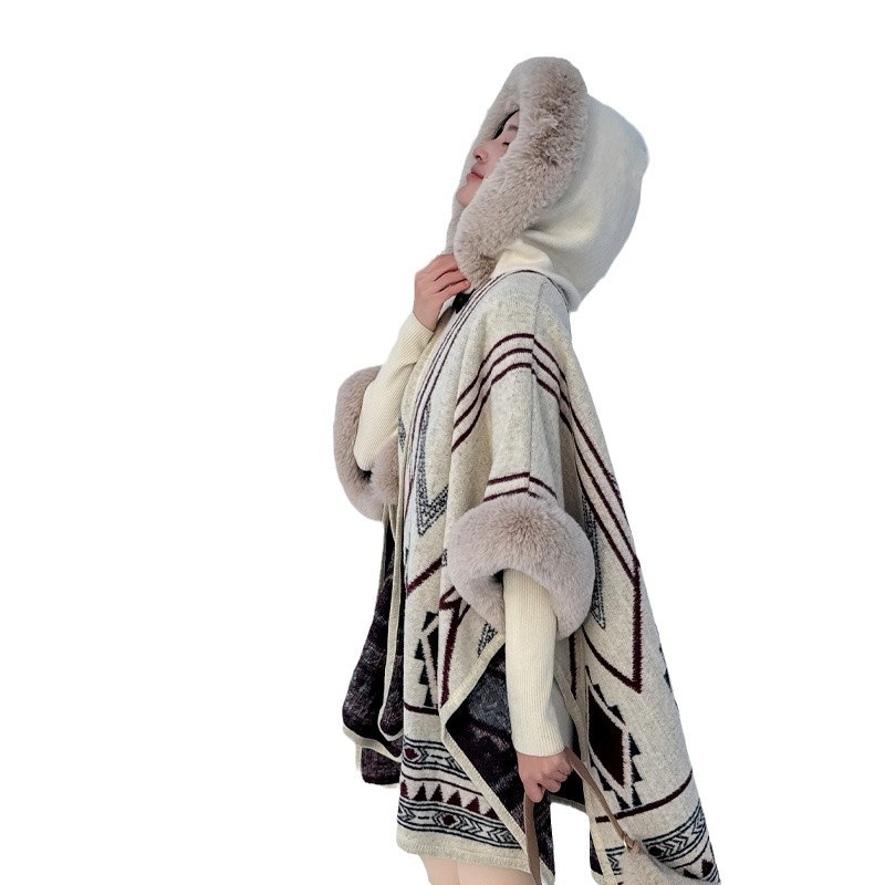 Puloverinė pelerina su stora šilta vilnos apykakle, dryžuotas poliesteris, žiema/ruduo