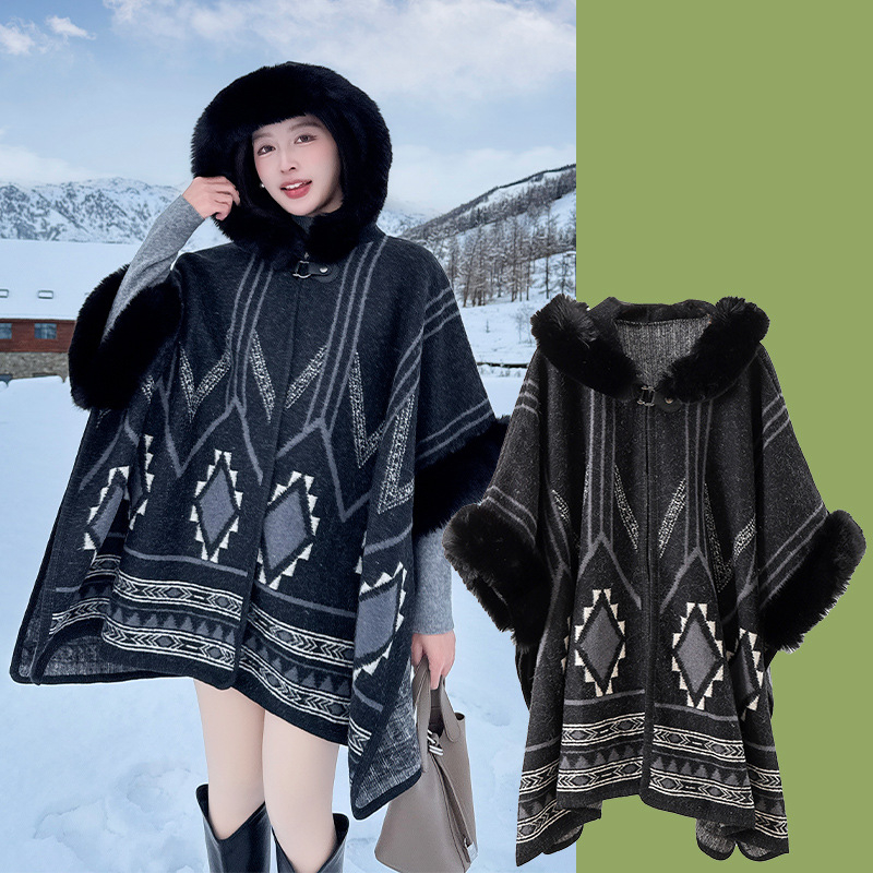 Puloverinė pelerina su stora šilta vilnos apykakle, dryžuotas poliesteris, žiema/ruduo