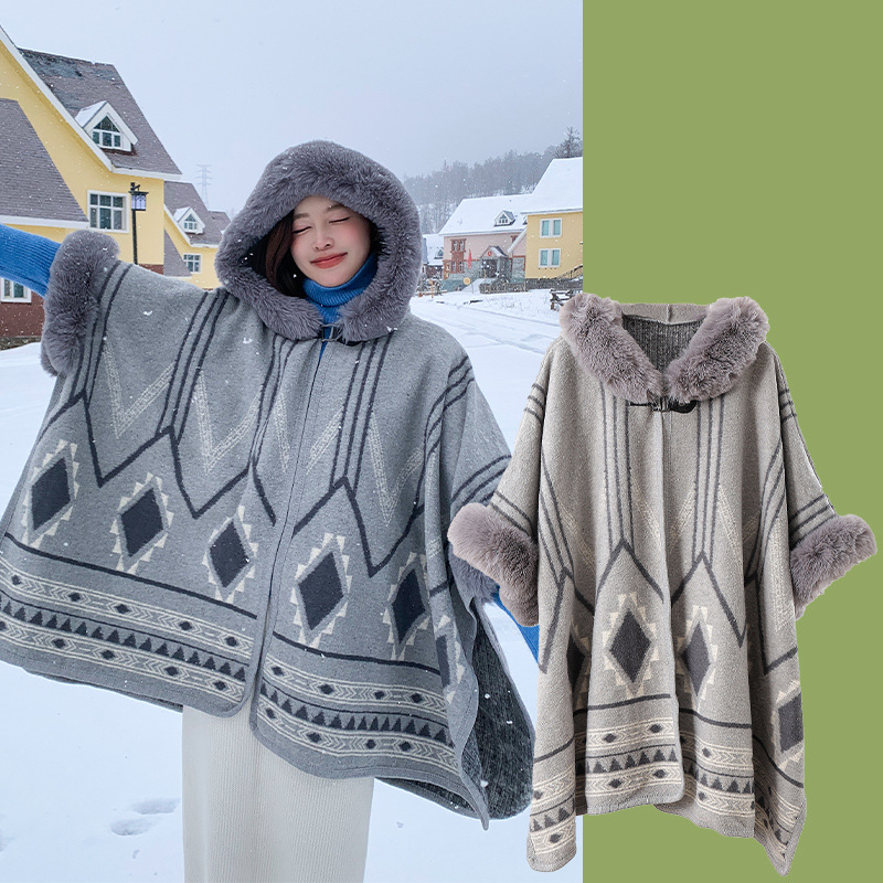 Puloverinė pelerina su stora šilta vilnos apykakle, dryžuotas poliesteris, žiema/ruduo