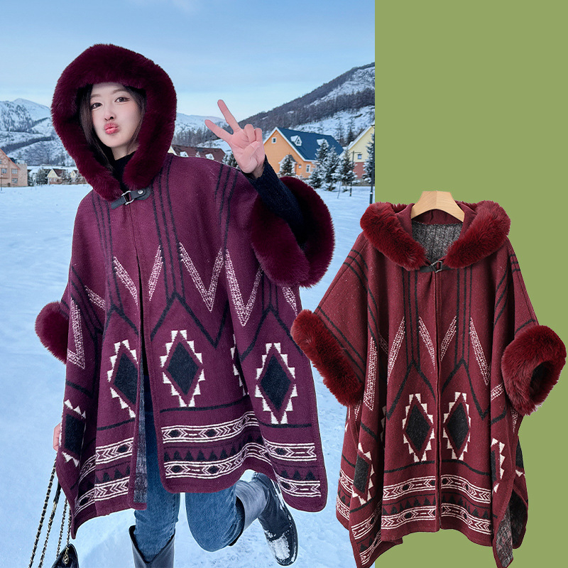 Puloverinė pelerina su stora šilta vilnos apykakle, dryžuotas poliesteris, žiema/ruduo