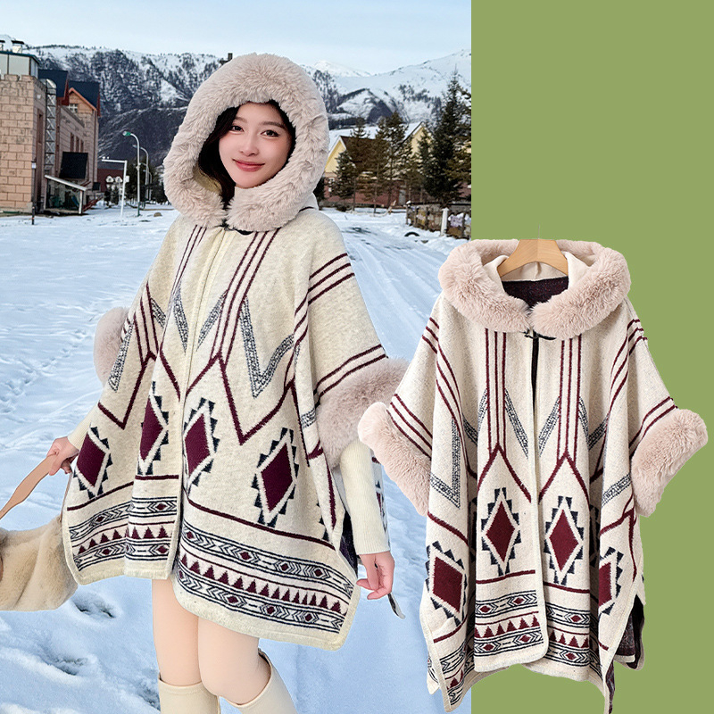 Puloverinė pelerina su stora šilta vilnos apykakle, dryžuotas poliesteris, žiema/ruduo