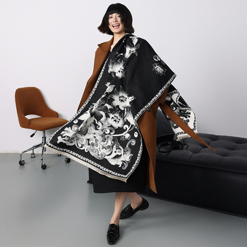 Ženski zimski šal-kabát od umjetnog kašmira, cvjetni uzorak, elegantan stil, topao, warp pletenje
