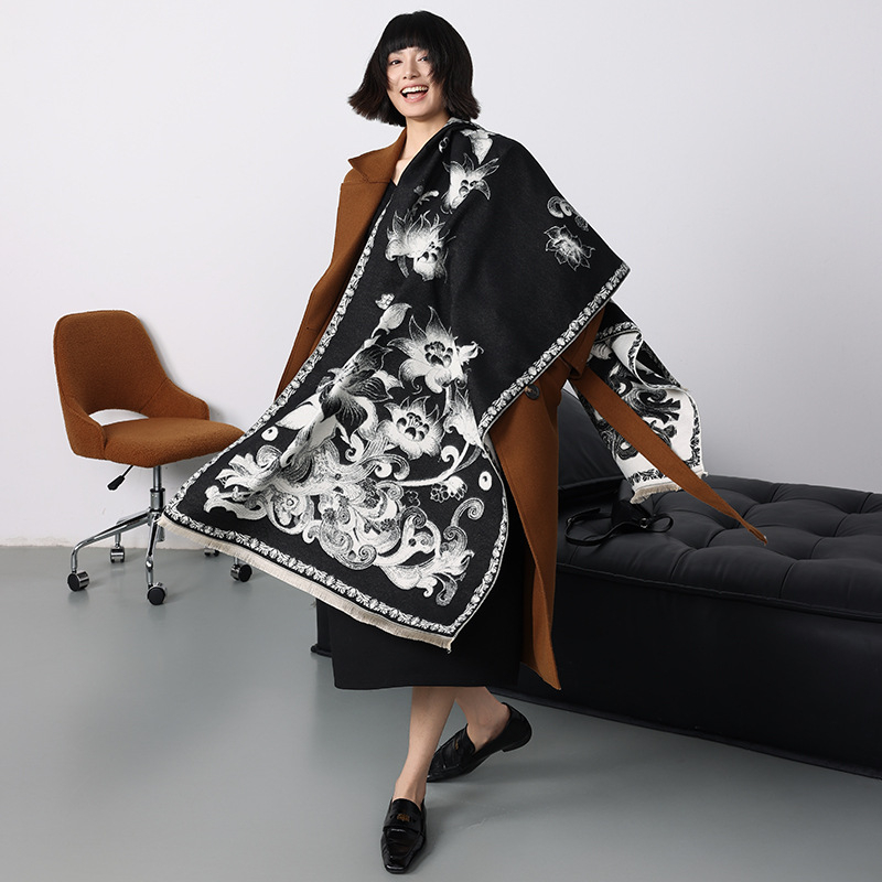 Ženski zimski šal-kabát od umjetnog kašmira, cvjetni uzorak, elegantan stil, topao, warp pletenje