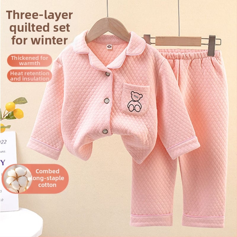 Gyerekeknek őszi-téli háromrétegű bélelt pizsama, uniszex, 3–8 éveseknek, otthoni visel, casual stílus