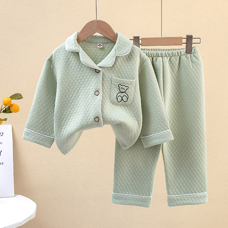 Gyerekeknek őszi-téli háromrétegű bélelt pizsama, uniszex, 3–8 éveseknek, otthoni visel, casual stílus