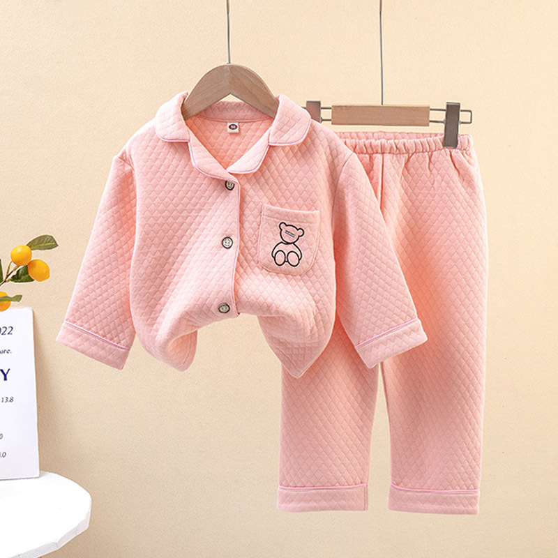 Gyerekeknek őszi-téli háromrétegű bélelt pizsama, uniszex, 3–8 éveseknek, otthoni visel, casual stílus