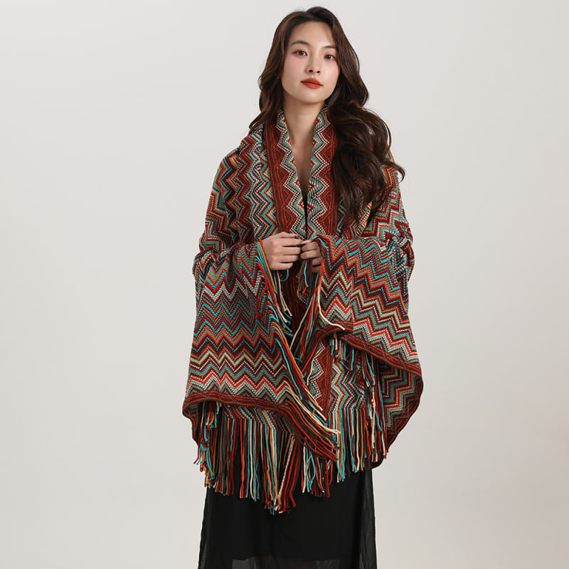 Ženski akrilni šal-plastić u etno stilu s prugastim uzorkom, Jacquard warp pletenje