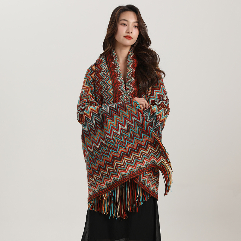 Ženski akrilni šal-plastić u etno stilu s prugastim uzorkom, Jacquard warp pletenje