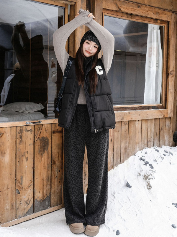 Pietų Korėjos stiliaus aukštos liemens tiesių kelnių su leopardiniu raštu, poliesteris