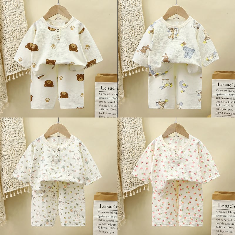 Gyerekek nyári otthoni ruházat szett – uniszex, rövid ujjú felső és középmagas nadrág, vékony Cloud Cotton anyag, nedvességelvezetés, 99% poliészter