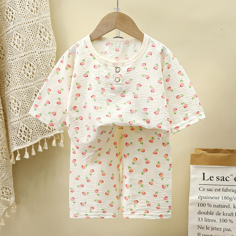 Gyerekek nyári otthoni ruházat szett – uniszex, rövid ujjú felső és középmagas nadrág, vékony Cloud Cotton anyag, nedvességelvezetés, 99% poliészter