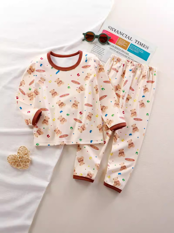 Gyerekeknek készült fleece melegítő készlet: uniszex, 95% poliészter, fleece anyag, minta karikatúra/betű, 3–8 éveseknek, téli otthoni ruházat