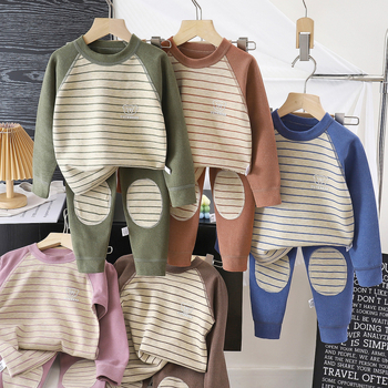 Gyerekeknek szóló fleece otthoni viselet - uniszex, vastag, 95% poliészter, csíkos, koreai stílus (3–8 évesek, ősz-tél)