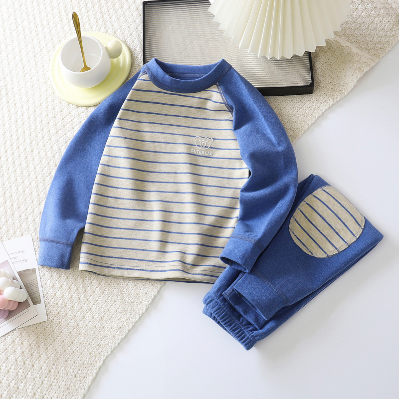 Gyerekeknek szóló fleece otthoni viselet - uniszex, vastag, 95% poliészter, csíkos, koreai stílus (3–8 évesek, ősz-tél)