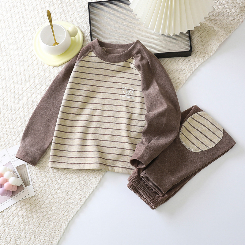 Gyerekeknek szóló fleece otthoni viselet - uniszex, vastag, 95% poliészter, csíkos, koreai stílus (3–8 évesek, ősz-tél)