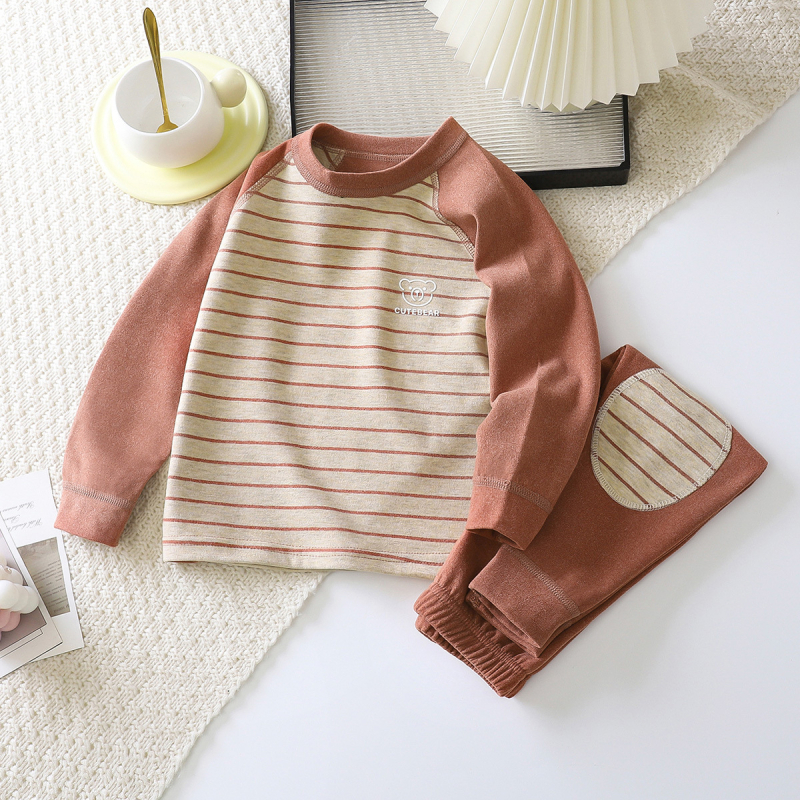 Gyerekeknek szóló fleece otthoni viselet - uniszex, vastag, 95% poliészter, csíkos, koreai stílus (3–8 évesek, ősz-tél)