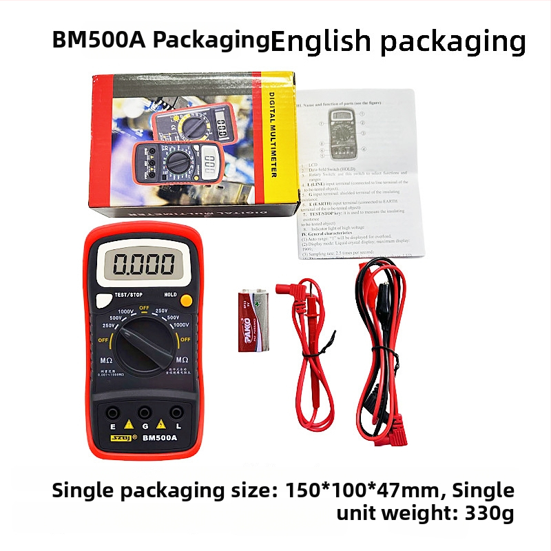 BM500A Skaitmeninis izoliacijos atsparumo testeris, 500V/1000V, Nešiojamas, Shenzhen Binjiang