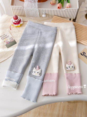 Dječje zimske hlače od pamuka s flis podstavom, mačica izšivena i čipka, elastičan pojas, za djecu od 3 do 8 godina