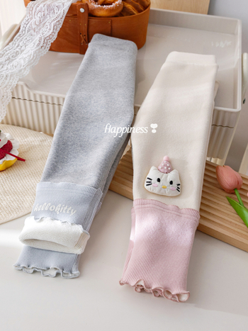 Dječje zimske hlače od pamuka s flis podstavom, mačica izšivena i čipka, elastičan pojas, za djecu od 3 do 8 godina