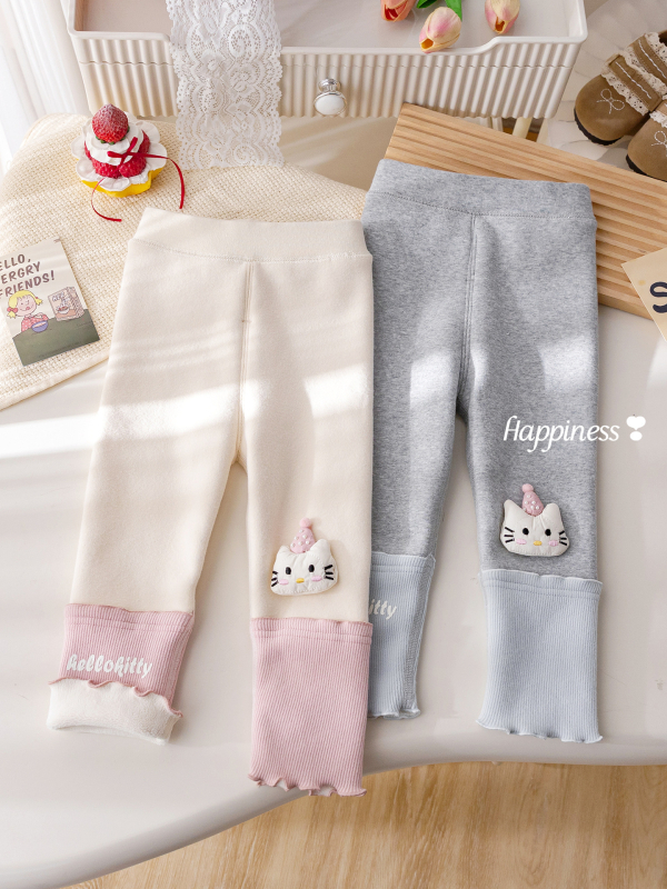 Dječje zimske hlače od pamuka s flis podstavom, mačica izšivena i čipka, elastičan pojas, za djecu od 3 do 8 godina