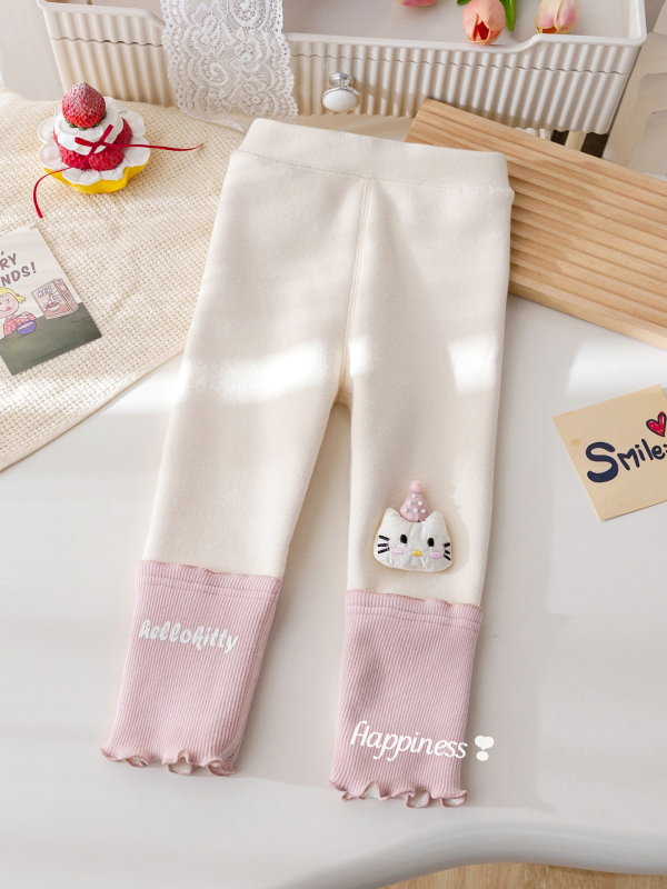 Dječje zimske hlače od pamuka s flis podstavom, mačica izšivena i čipka, elastičan pojas, za djecu od 3 do 8 godina