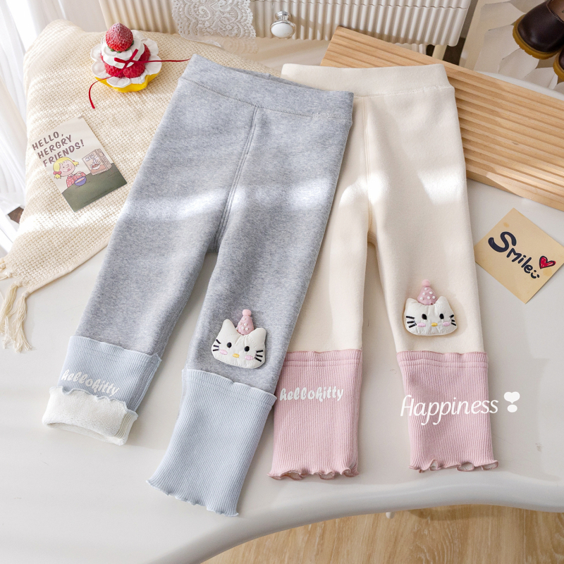 Dječje zimske hlače od pamuka s flis podstavom, mačica izšivena i čipka, elastičan pojas, za djecu od 3 do 8 godina