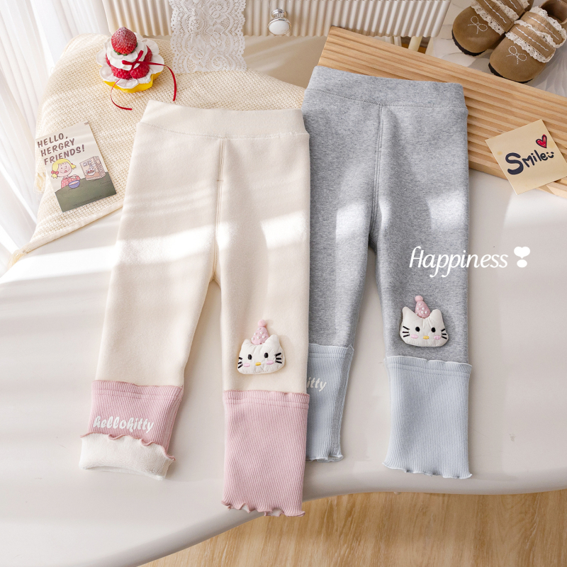 Dječje zimske hlače od pamuka s flis podstavom, mačica izšivena i čipka, elastičan pojas, za djecu od 3 do 8 godina