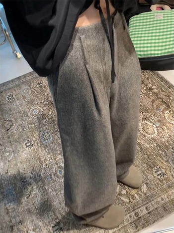 Ženske široke hlače visokim strukom, duge, poliester, debeli materijal, blaga elastičnost, zimska 2025, casual stil
