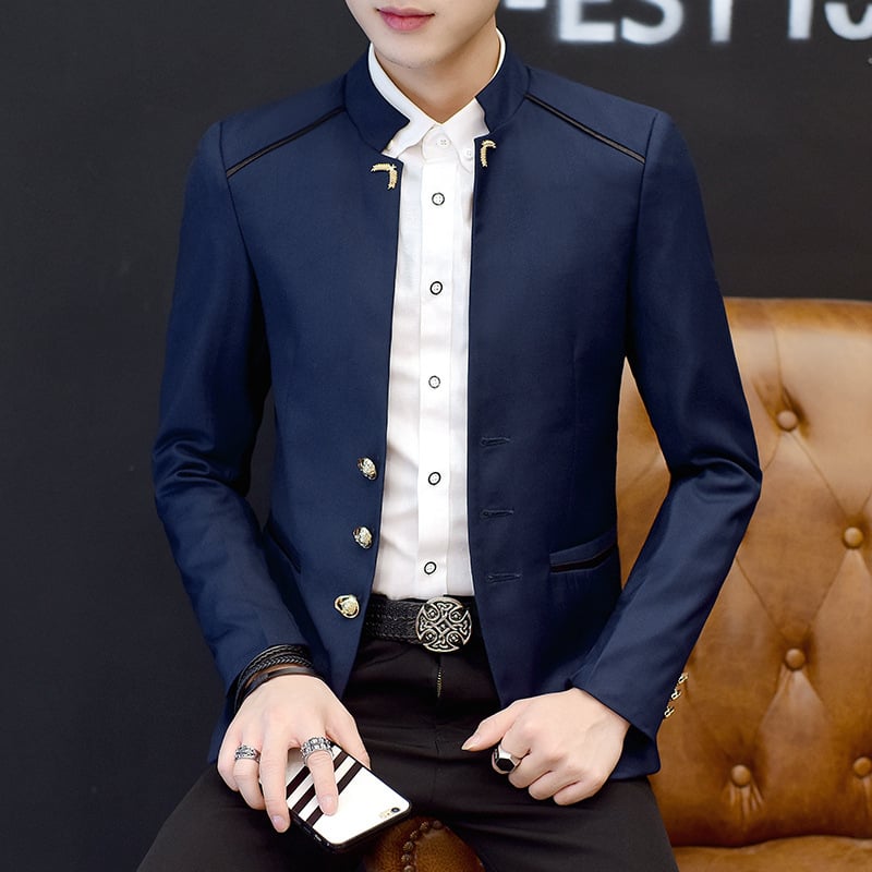 Meeste casual ülikonna jak, slim sobivus lõige, stand-up krae, ees kolm nööpi, kangas: keemiliste kiudude segu ja atsetaat; vooder: atsetaat; nelja aastaaja