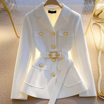 Дамско сако с талия, едноцветно, свободна кройка, дълги ръкави, полиестер с акрил (30–50%), без нужда от гладене