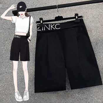 Γυναικείες παντελόνες-σουτ σε στυλ κοστουμιού, ψηλή μέση, πολυεστέρας, ίσια γραμμή, μήκος 5/4, κορεατικό στυλ