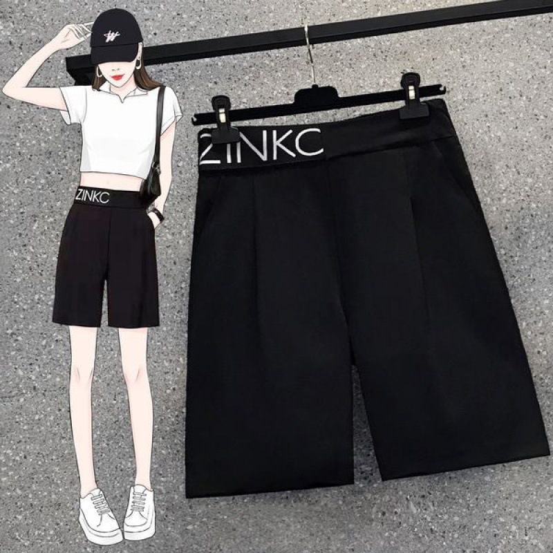 Γυναικείες παντελόνες-σουτ σε στυλ κοστουμιού, ψηλή μέση, πολυεστέρας, ίσια γραμμή, μήκος 5/4, κορεατικό στυλ