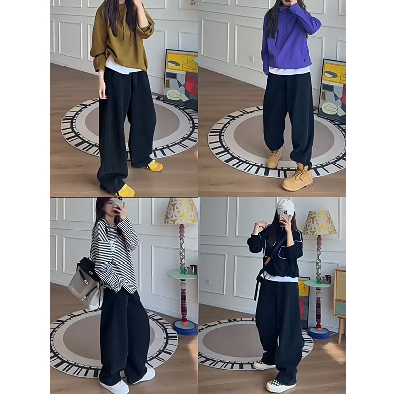 Ženske casual široke hlače, pamuk-poliester smjesa, elastični pojas, debeli materijal, japansko-korejski ležerni stil