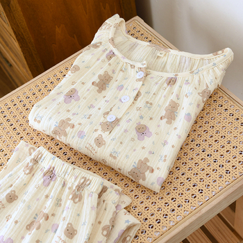 Sieviešu kokvilnas krepp pidžāmu komplekts, vienkāršs dabīgs stil, 100% kokvilna, garas piedurknes un garas bikses, plāns audums 101-120 g/m²