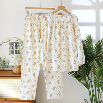 Sieviešu kokvilnas krepp pidžāmu komplekts, vienkāršs dabīgs stil, 100% kokvilna, garas piedurknes un garas bikses, plāns audums 101-120 g/m²