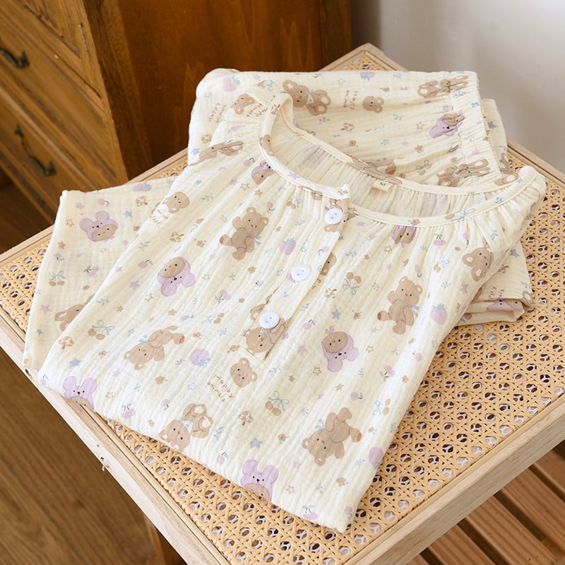 Sieviešu kokvilnas krepp pidžāmu komplekts, vienkāršs dabīgs stil, 100% kokvilna, garas piedurknes un garas bikses, plāns audums 101-120 g/m²