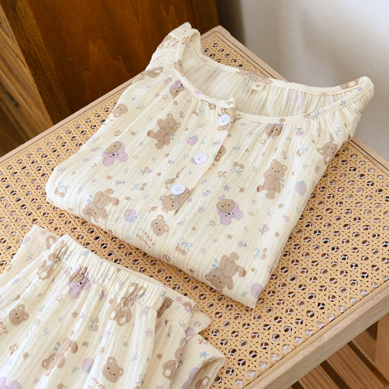 Sieviešu kokvilnas krepp pidžāmu komplekts, vienkāršs dabīgs stil, 100% kokvilna, garas piedurknes un garas bikses, plāns audums 101-120 g/m²