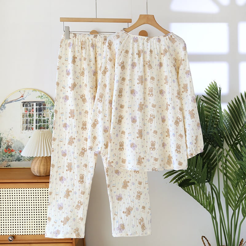 Sieviešu kokvilnas krepp pidžāmu komplekts, vienkāršs dabīgs stil, 100% kokvilna, garas piedurknes un garas bikses, plāns audums 101-120 g/m²