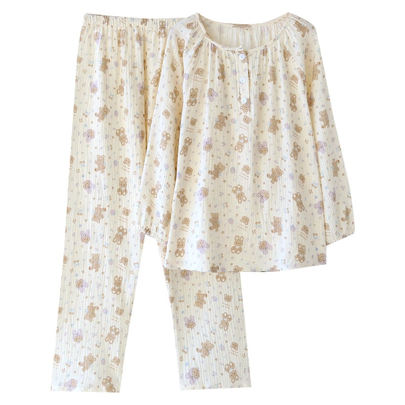 Sieviešu kokvilnas krepp pidžāmu komplekts, vienkāršs dabīgs stil, 100% kokvilna, garas piedurknes un garas bikses, plāns audums 101-120 g/m²