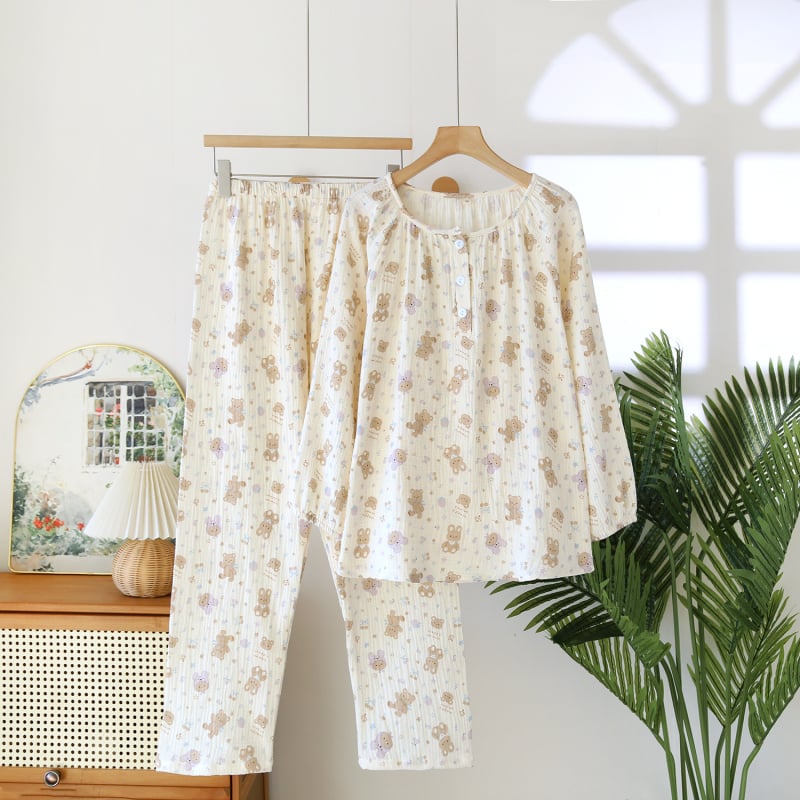 Sieviešu kokvilnas krepp pidžāmu komplekts, vienkāršs dabīgs stil, 100% kokvilna, garas piedurknes un garas bikses, plāns audums 101-120 g/m²