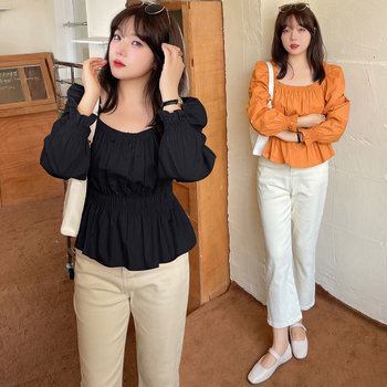 Риза W901 с балонни ръкави, квадратно деколте, памук 95%+, тъкана материя