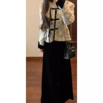 Есенен комплект костюм с панталони: жакет и рокля с потник, стил китайски народен дизайн, дълги ръкави, PVC и кашмирни материи