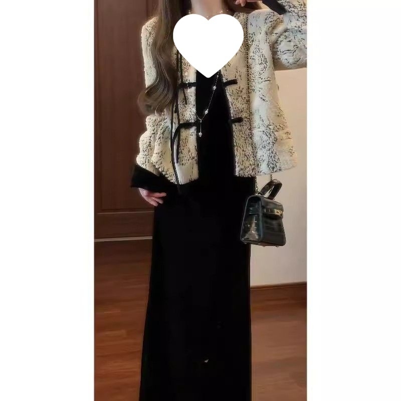 Есенен комплект костюм с панталони: жакет и рокля с потник, стил китайски народен дизайн, дълги ръкави, PVC и кашмирни материи