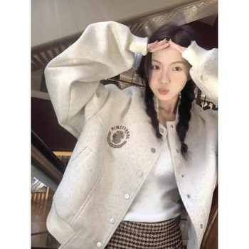 Американско бейсболно дамско яке, 2025, свободна кройка, кръгло деколте, геометричен принт, полиестерна материя, регулярни ръкави