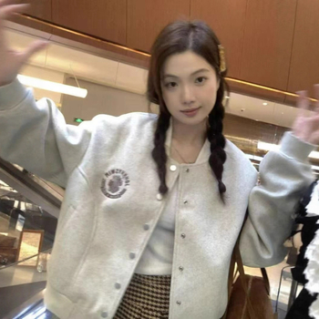 Американско бейсболно дамско яке, 2025, свободна кройка, кръгло деколте, геометричен принт, полиестерна материя, регулярни ръкави