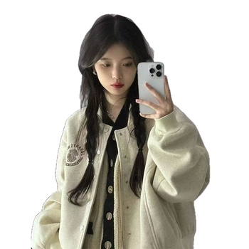 Американско бейсболно дамско яке, 2025, свободна кройка, кръгло деколте, геометричен принт, полиестерна материя, регулярни ръкави