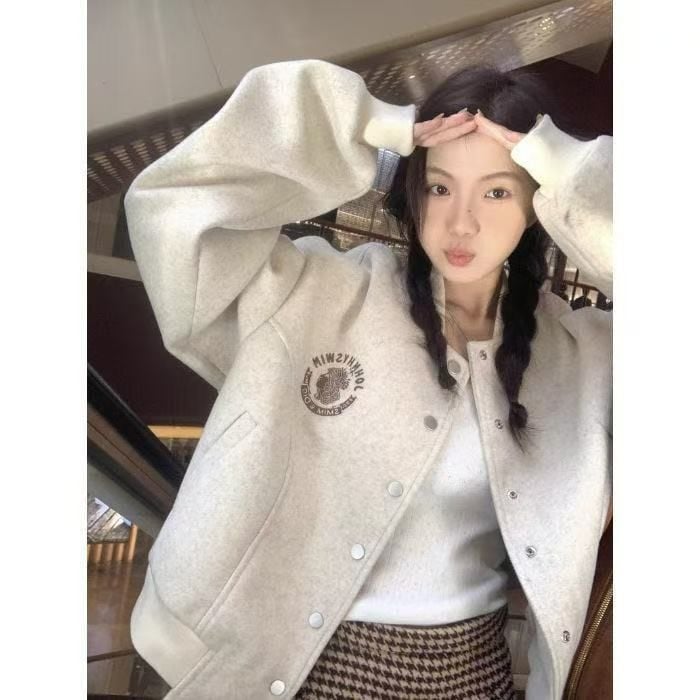 Американско бейсболно дамско яке, 2025, свободна кройка, кръгло деколте, геометричен принт, полиестерна материя, регулярни ръкави