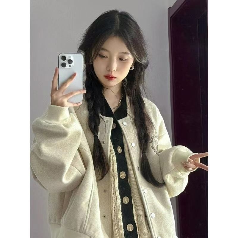 Американско бейсболно дамско яке, 2025, свободна кройка, кръгло деколте, геометричен принт, полиестерна материя, регулярни ръкави